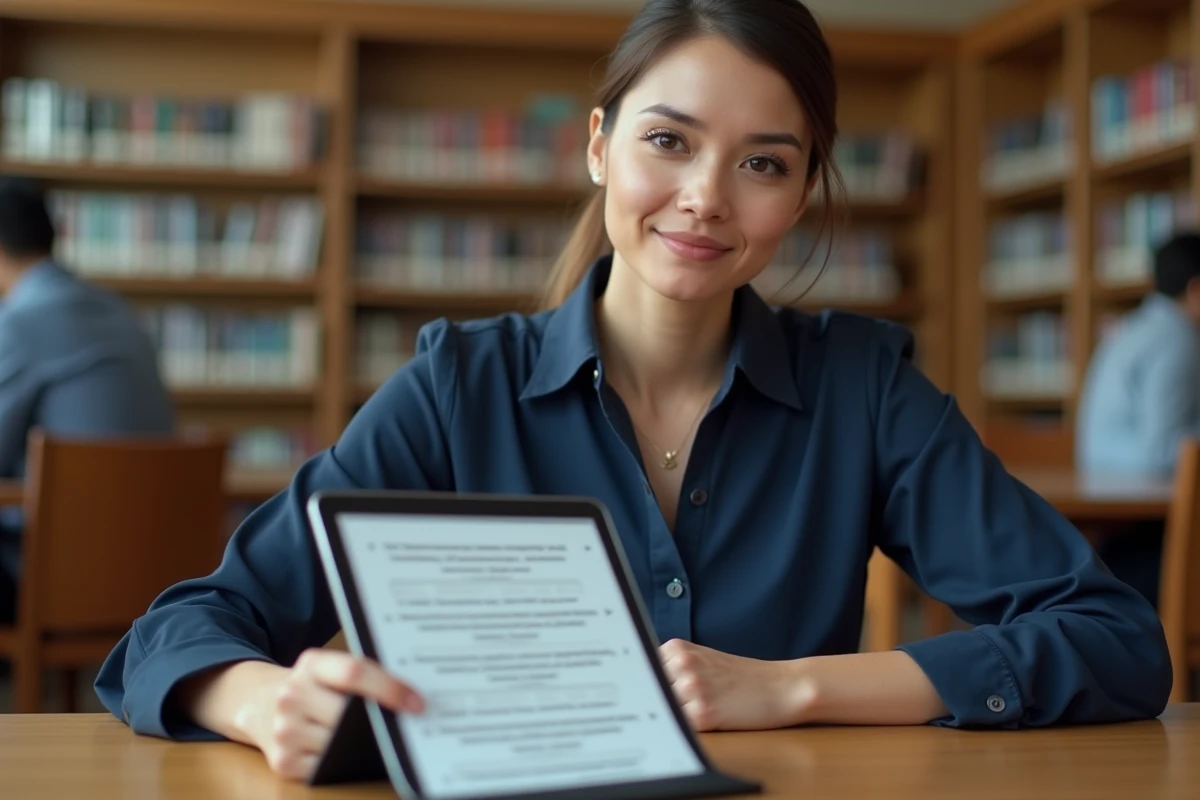 Femme consultant un quiz de vérification de permis en ligne sur tablette et un document PDF imprimé dans une bibliothèque
