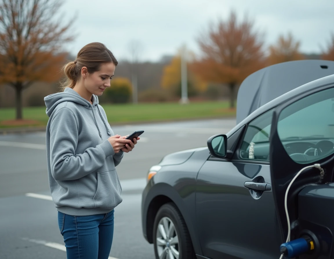 Femme surveillant la recharge de batterie voiture avec chargeur portable en extérieur