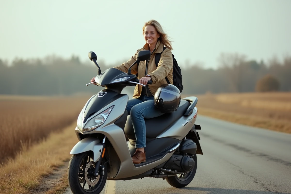 Femme sur un Yamaha XMAX 125 dans la campagne