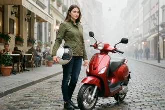 Jeune femme posant à côté de son scooter 125cc rouge dans une rue pavée d'une ville européenne