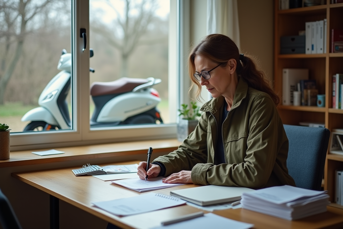 Femme remplissant formulaire scooter à la maison