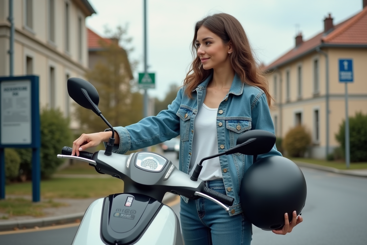 Jeune femme française pointant son scooter électrique en banlieue