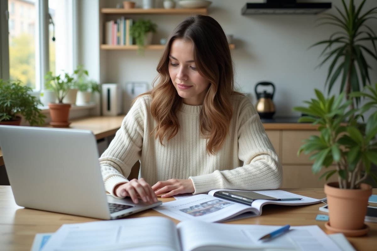 Jeune femme travaillant à une table de cuisine avec documents