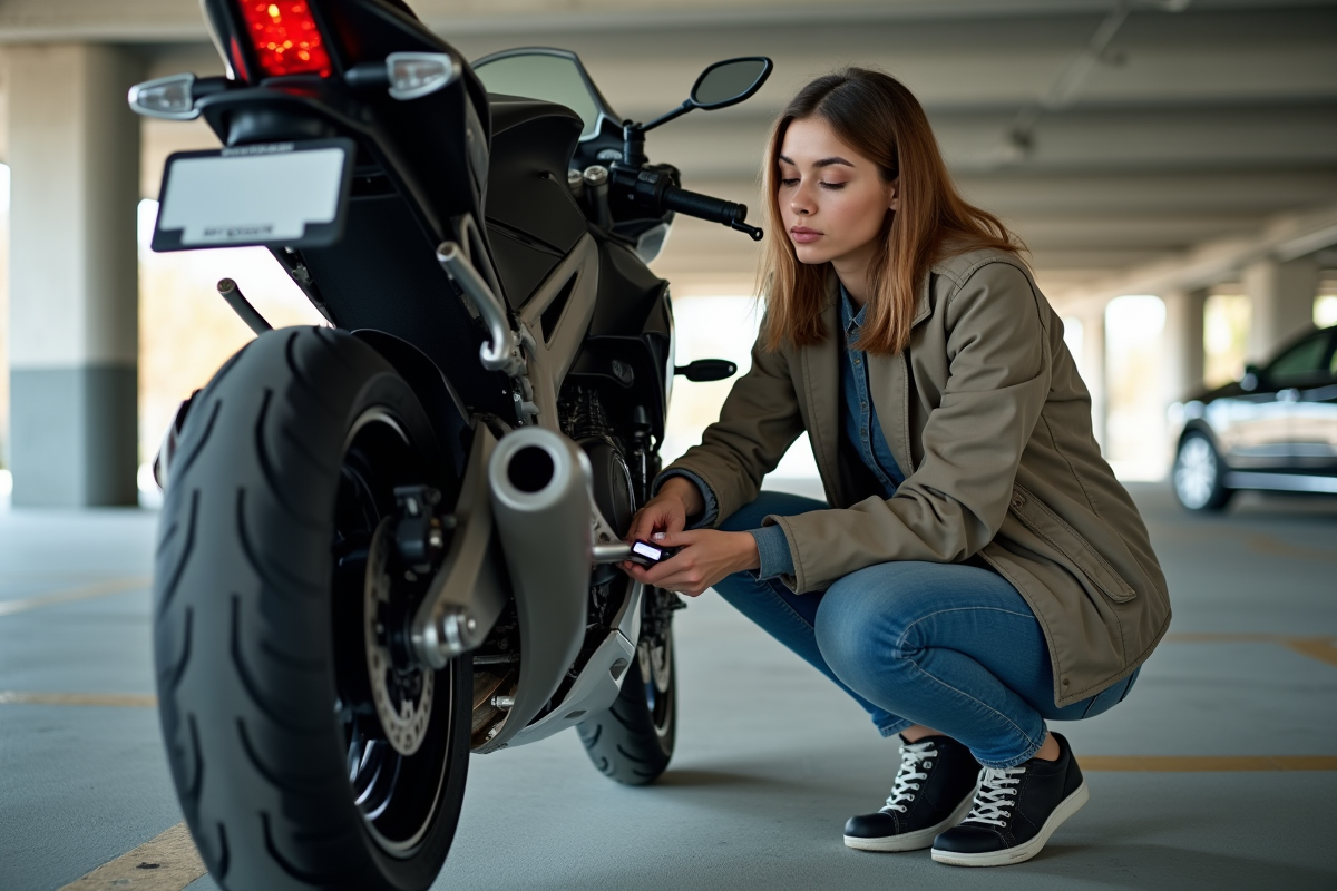 Jeune femme vérifiant le pneu arrière d