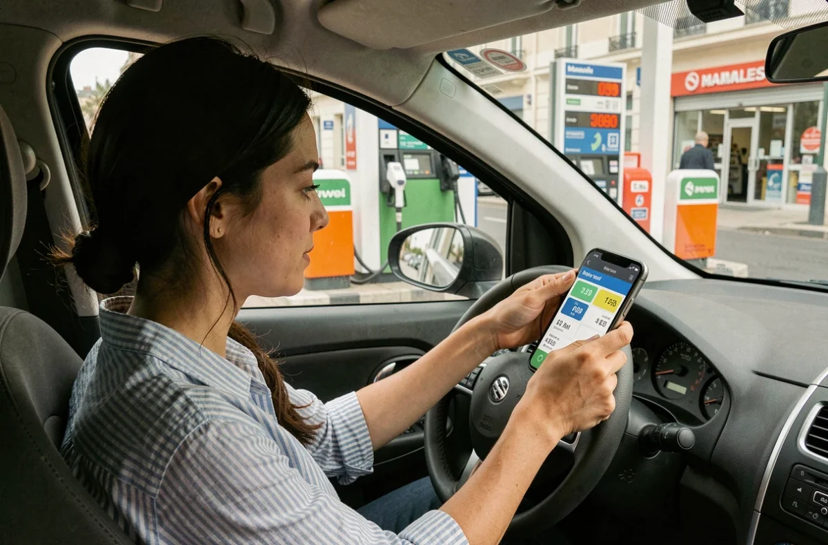 Femme dans sa voiture consultant une appli de prix carburant avant de faire le plein dans une station-service marseillaise