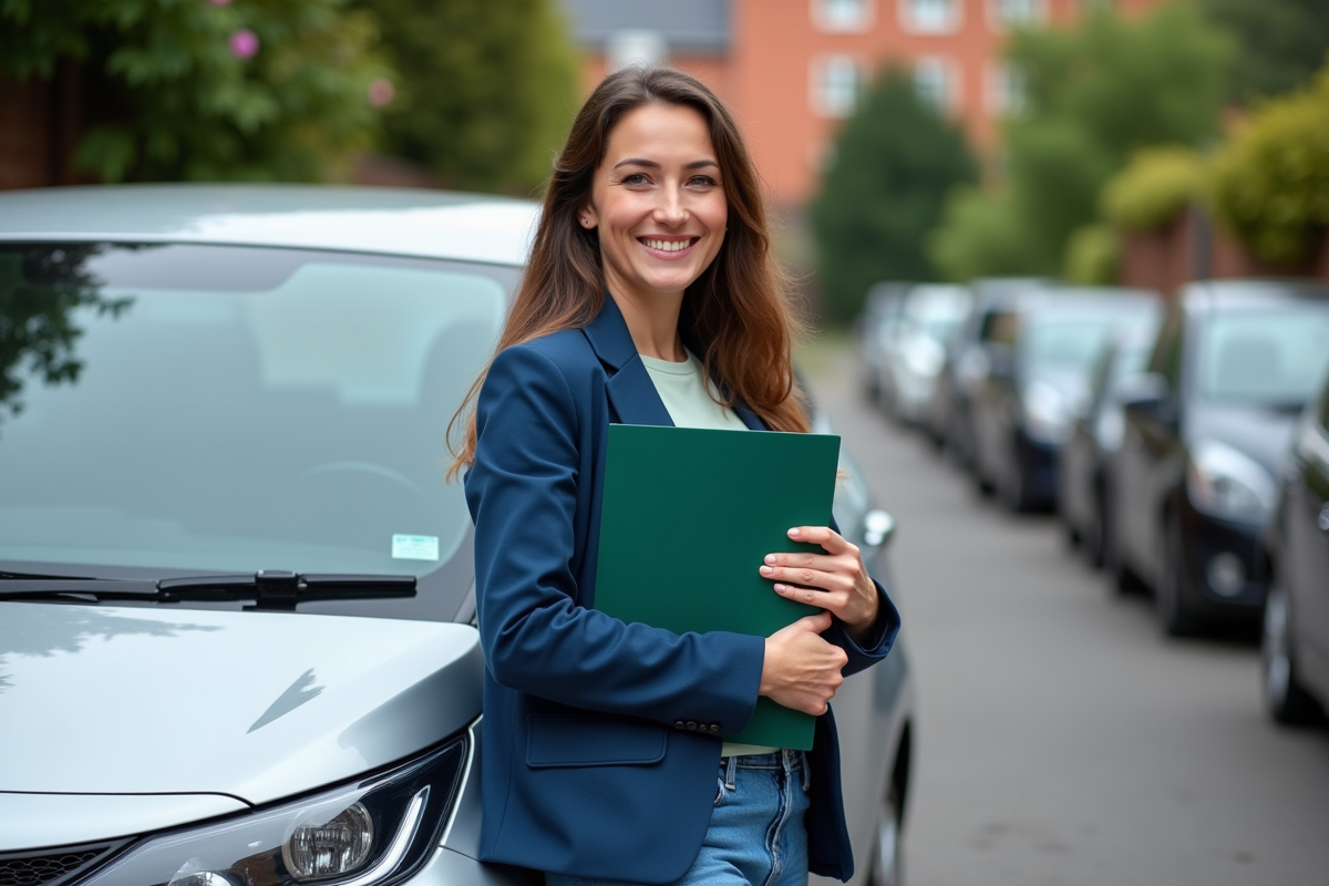 Femme souriante avec certificat d'assurance voiture