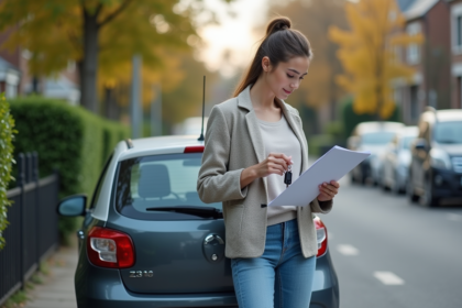 Femme avec clés et dossier d'assurance devant une voiture