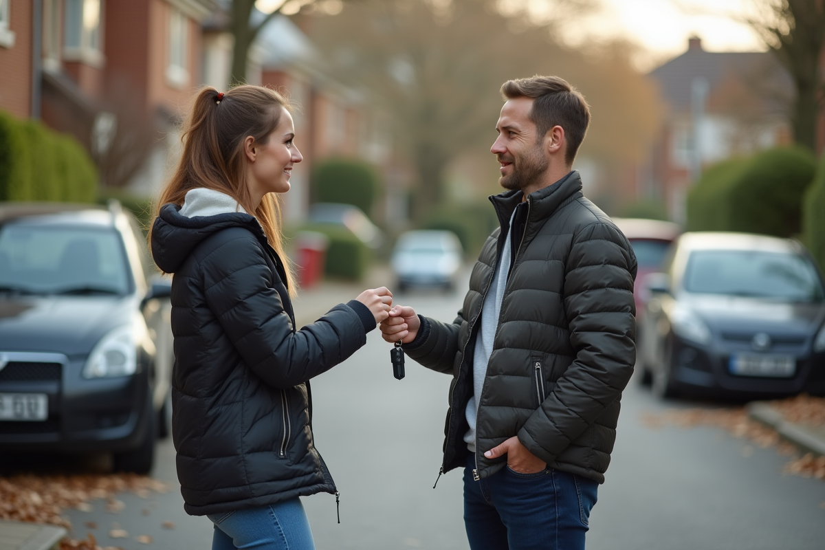 Femme donnant des clés à un ami devant sa voiture en banlieue