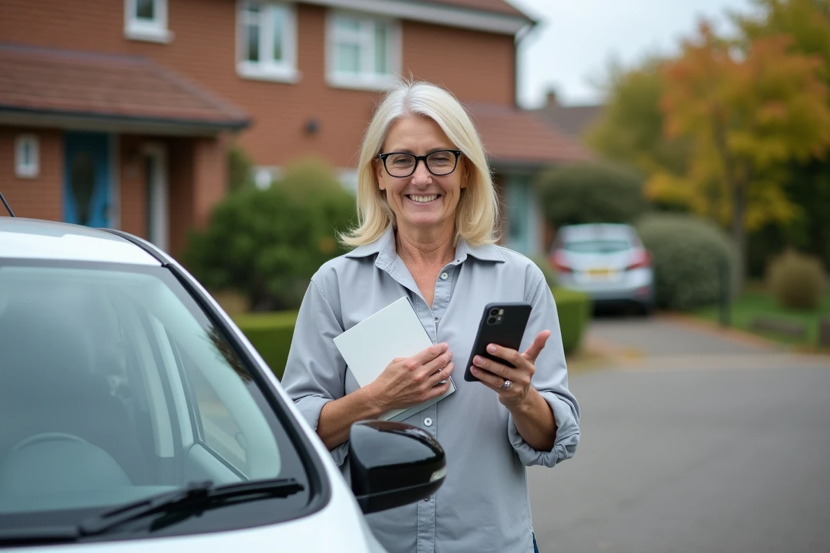 Femme vérifiant code sur voiture dans une allée résidentielle