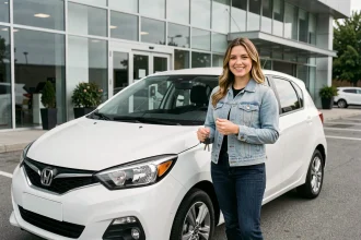 Femme souriante tenant les clés d'une voiture neuve devant un concessionnaire automobile moderne