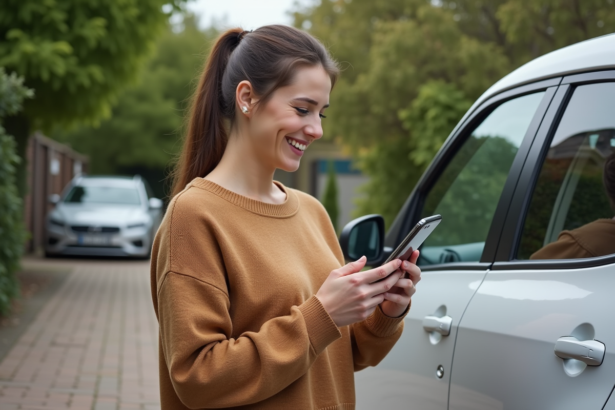 Jeune femme souriante avec smartphone à côté d