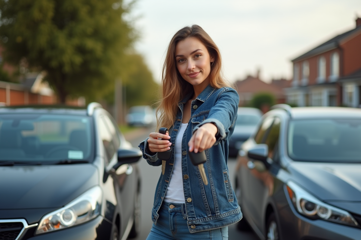 Jeune femme avec clés de voiture devant deux véhicules en rue