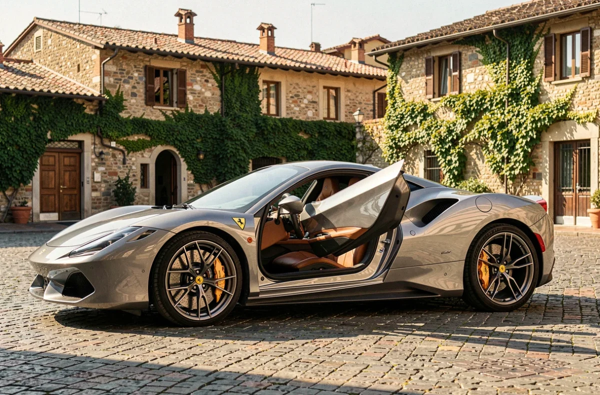 Ferrari moderne garée sur les pavés de Maranello en Italie, logo cheval cabré visible sur le volant, architecture italienne en arrière-plan