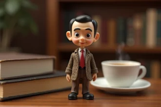 Figurine miniature de Mr. Bean en veste marron posée sur un bureau en bois avec une tasse de thé
