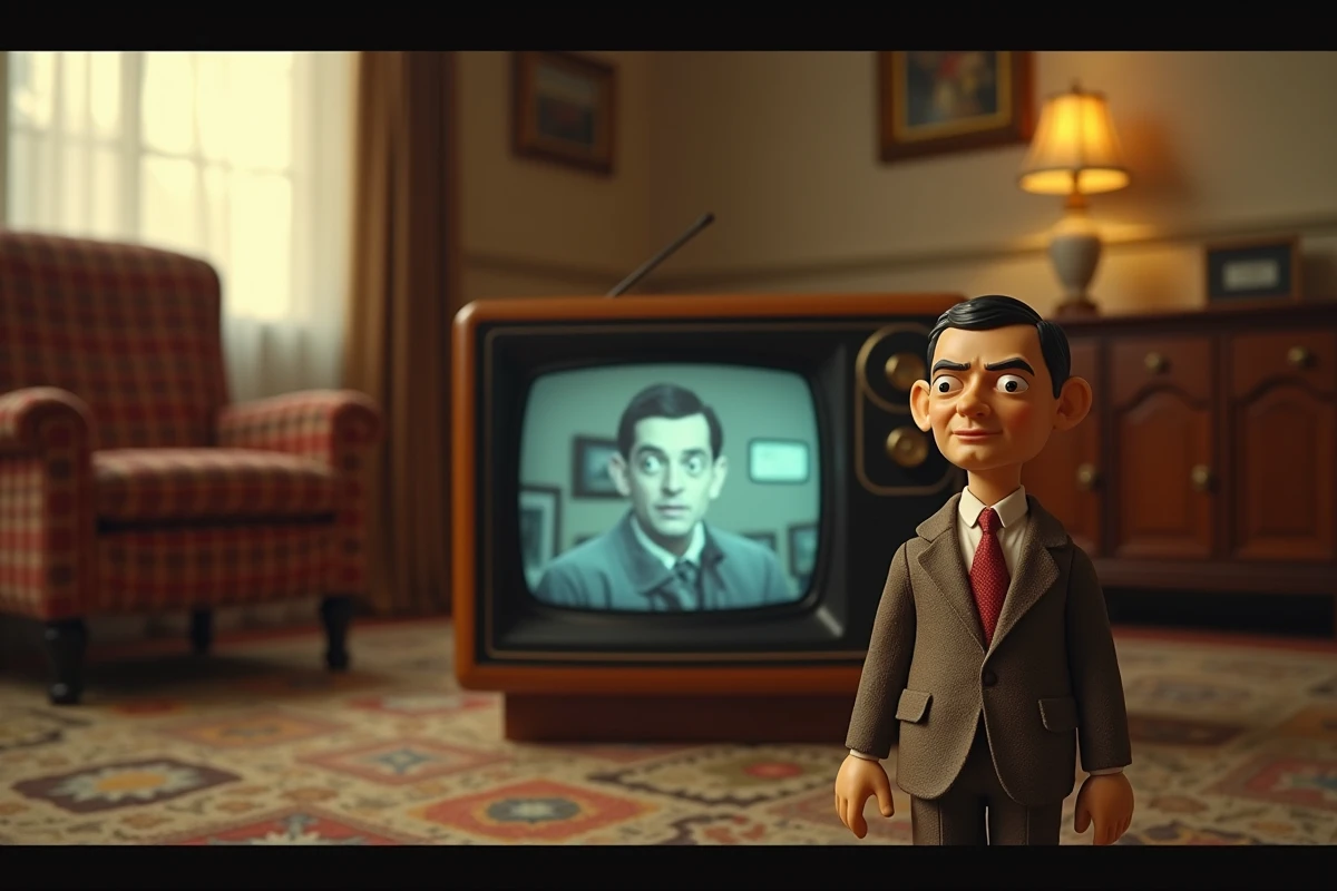 Figurine miniature Mr. Bean posée devant un téléviseur vintage diffusant la série originale