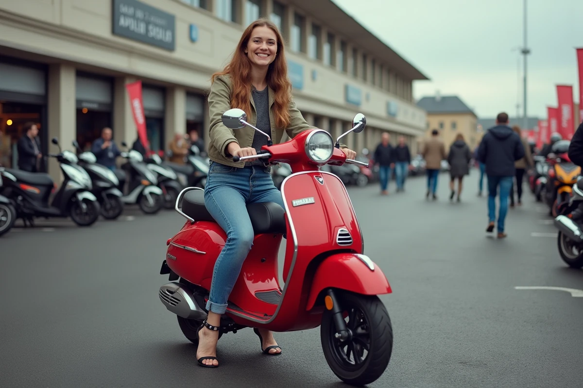 Jeune femme guidant sa moto dans le parking extérieur