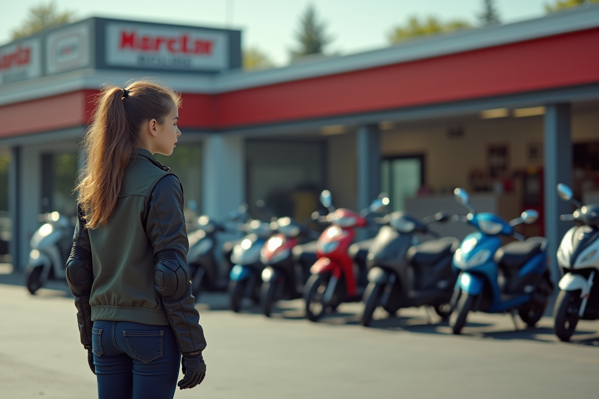 Fille regarde motos 125cc devant un concessionnaire