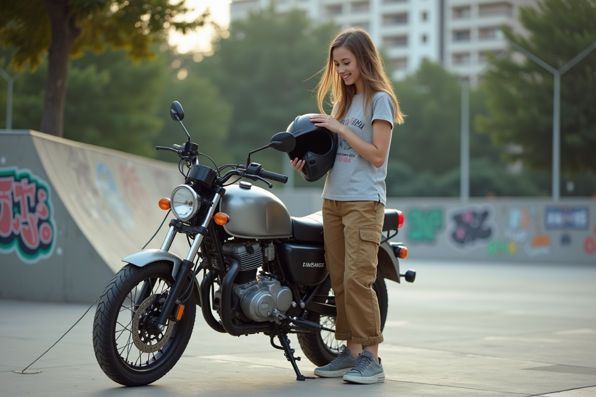 Fille en streetwear près de sa moto 125cc au skatepark
