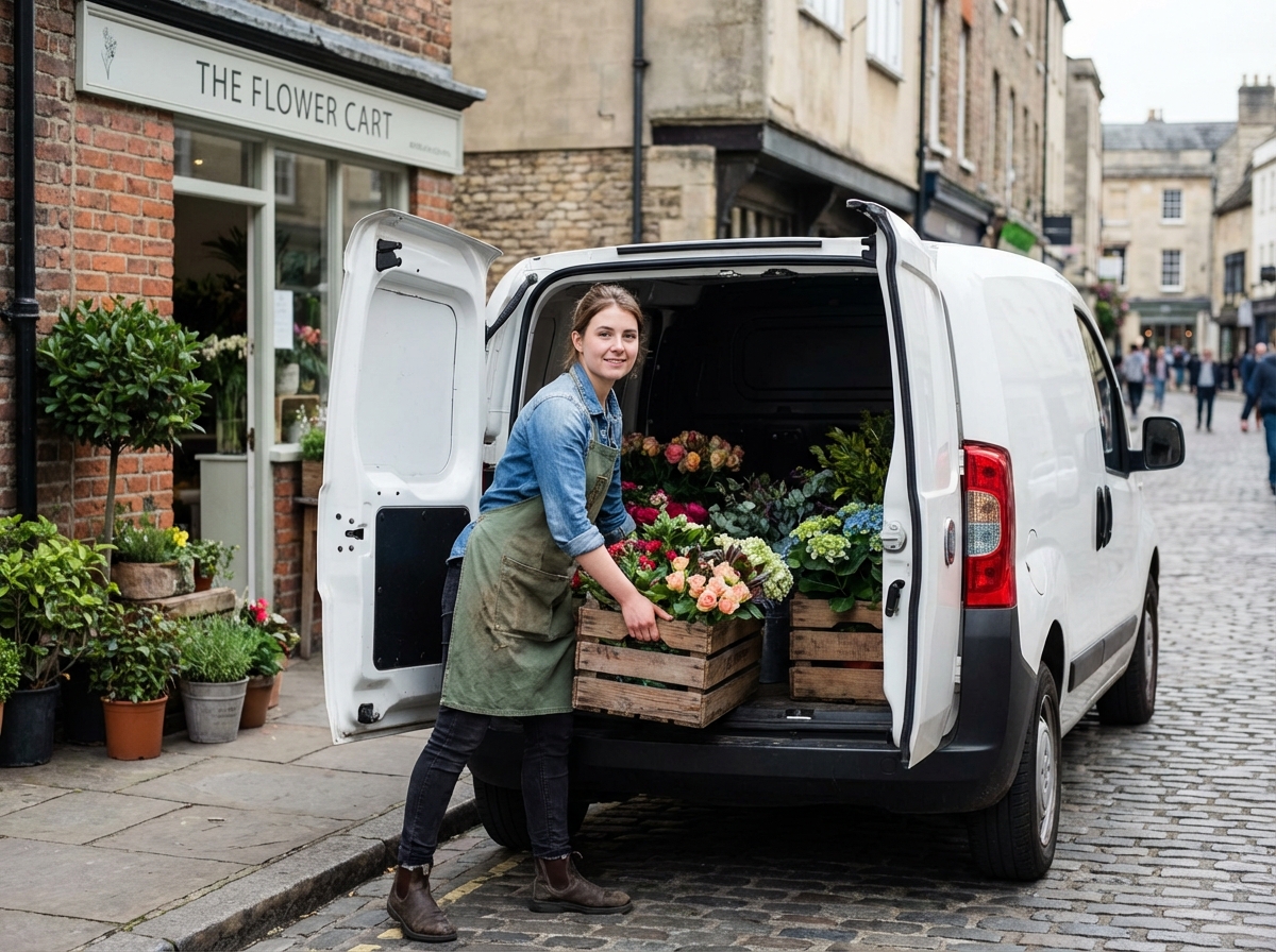 Jeune femme fleuriste arrangeant des fleurs dans une camionnette en ville