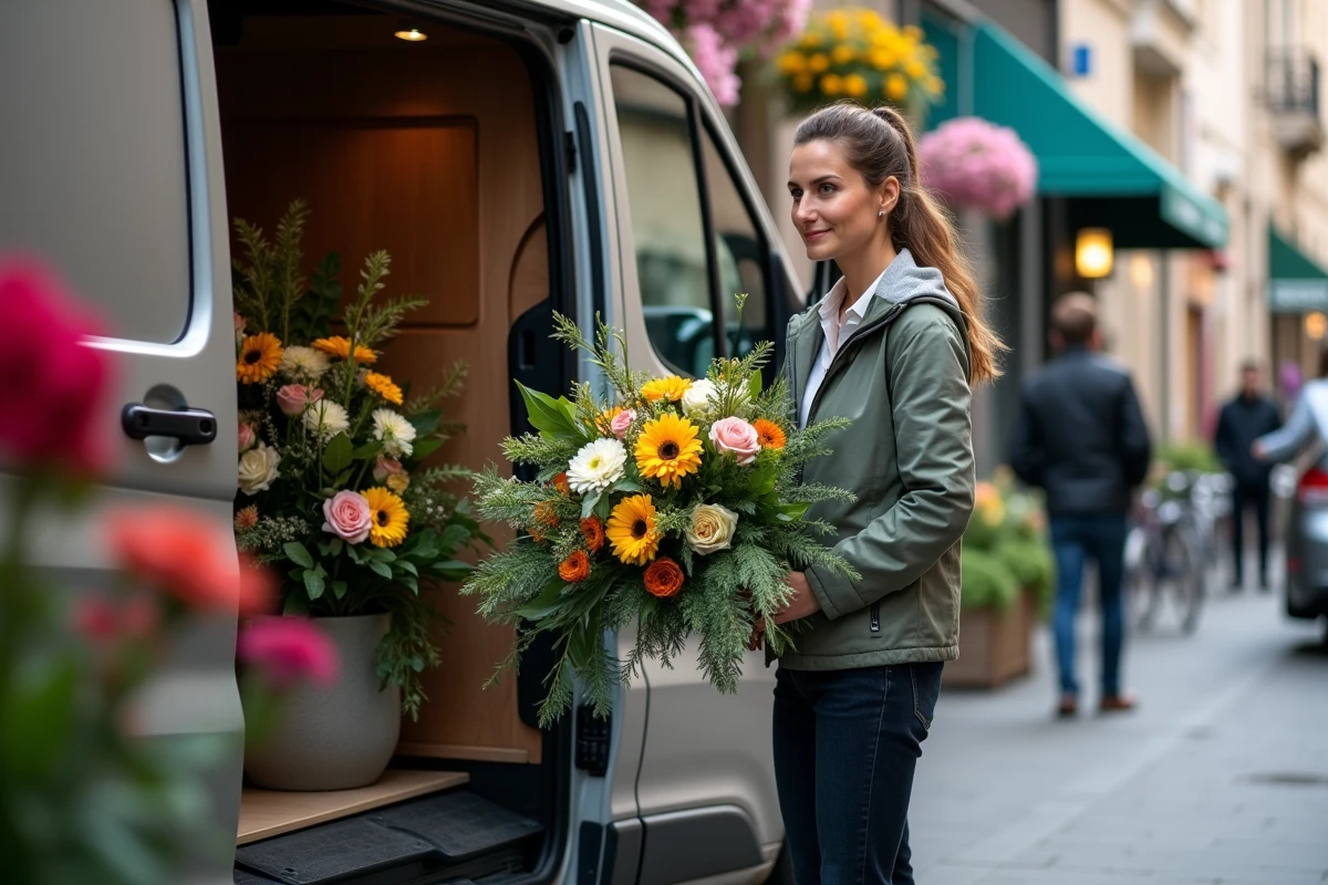Fleuriste chargeant des arrangements dans un van en ville