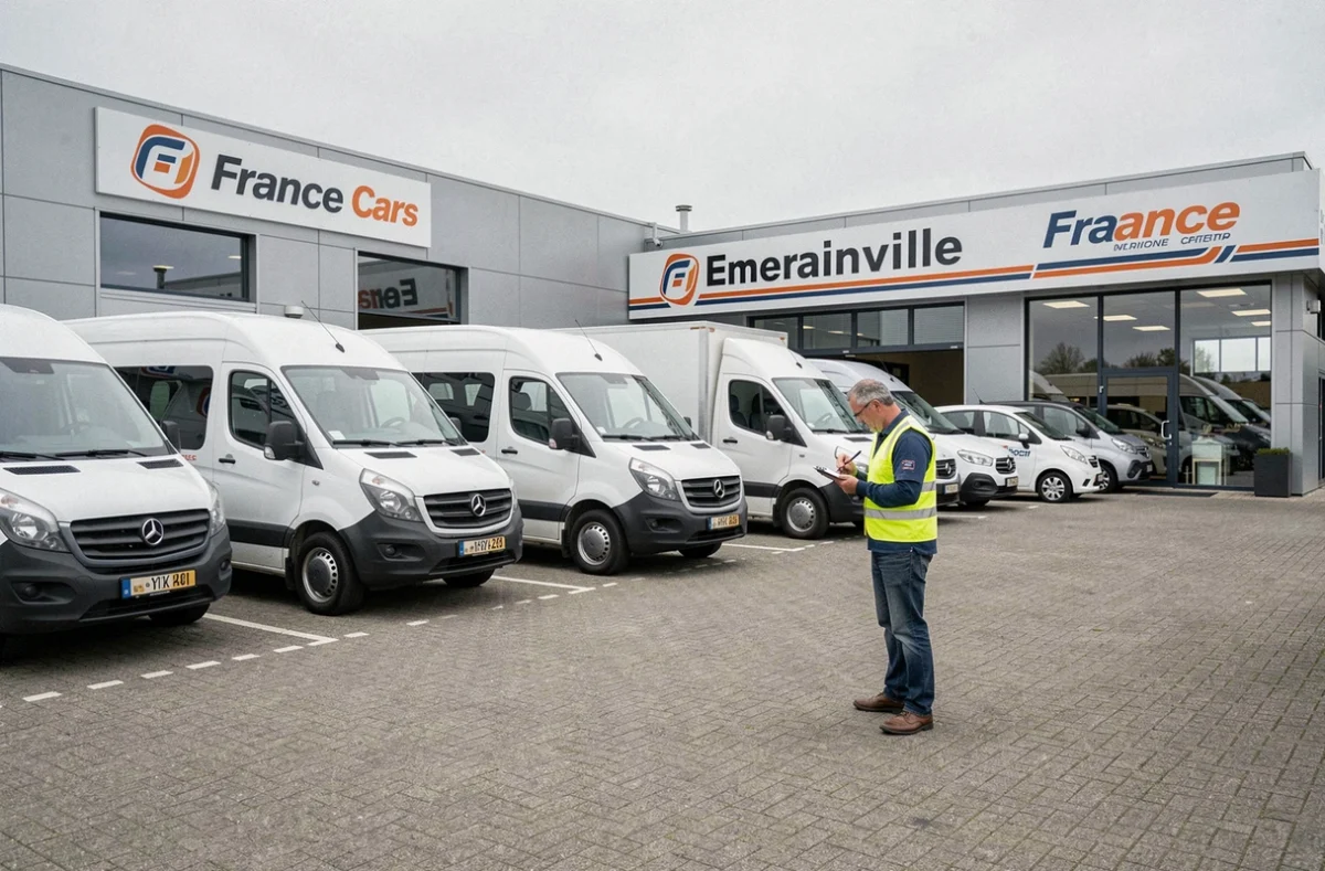 Dépôt de France Cars Emerainville avec utilitaires et voitures de location alignés sur le parking commercial