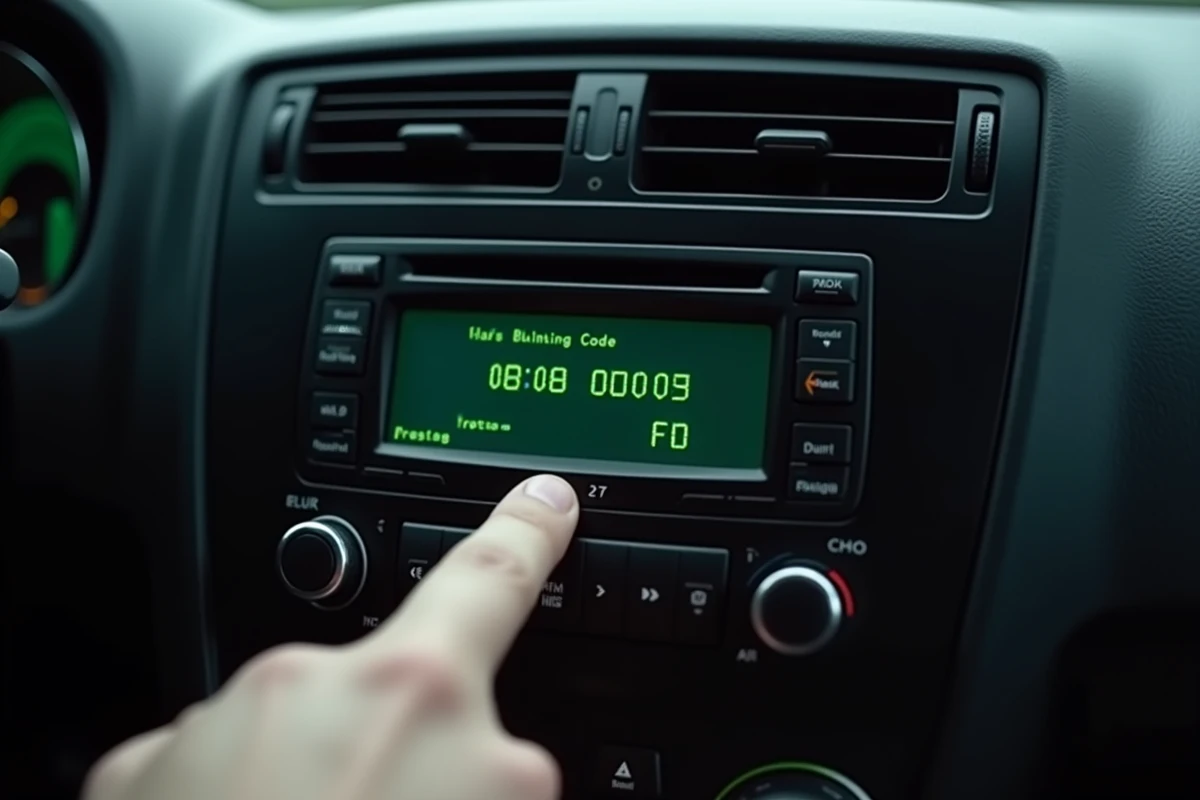 Gros plan sur l'écran d'un autoradio d'origine Renault affichant une invite de saisie de code radio