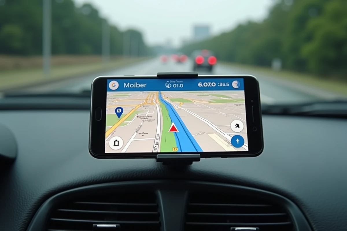 Gros plan sur l'écran de navigation Google Maps affichant des icônes de radars sur un trajet routier quotidien depuis le tableau de bord