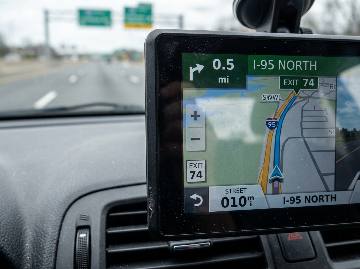 Gros plan sur un GPS de voiture affichant un itinéraire avec carte numérique sur autoroute