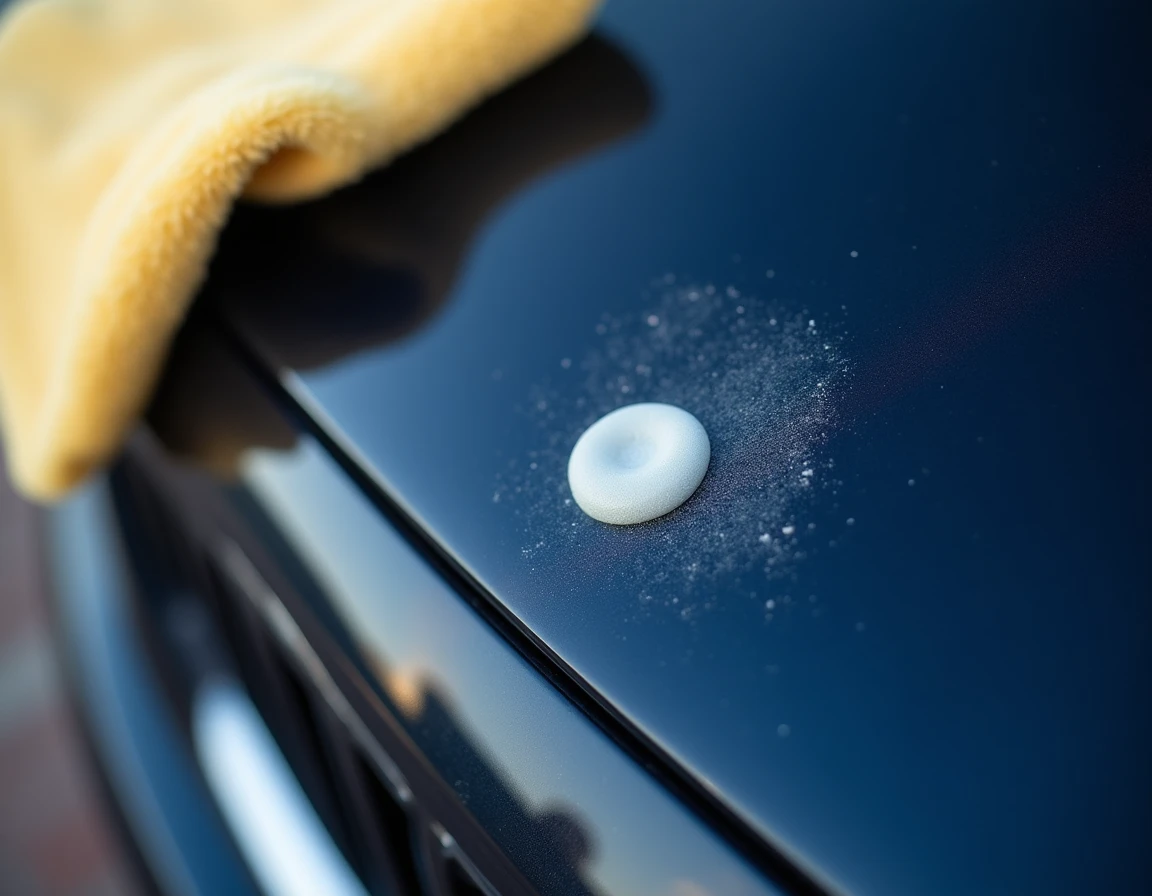 Gros plan sur une rayure de carrosserie bleue en cours de réparation avec un polish écologique bio-sourcé appliqué sur la peinture