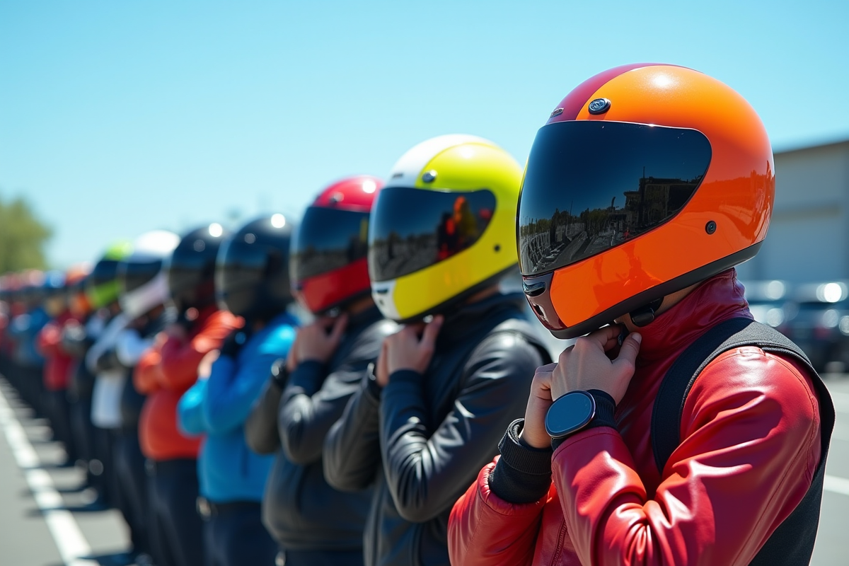Groupe de motards avec casques ABS colorés en plein air