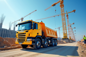 Camion de construction jaune sur un chantier ensoleille