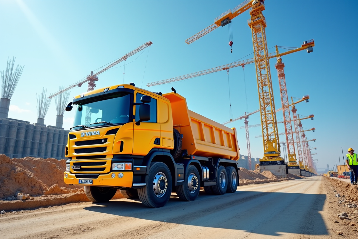 Camion de construction jaune sur un chantier ensoleille
