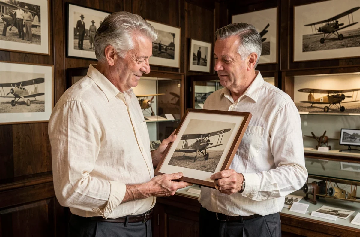 Historien automobile examinant une photographie d'archives de Francesco Baracca, aviateur dont le cheval cabré inspira le logo Ferrari