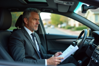 Homme d'affaires inquiet dans sa voiture avec papiers