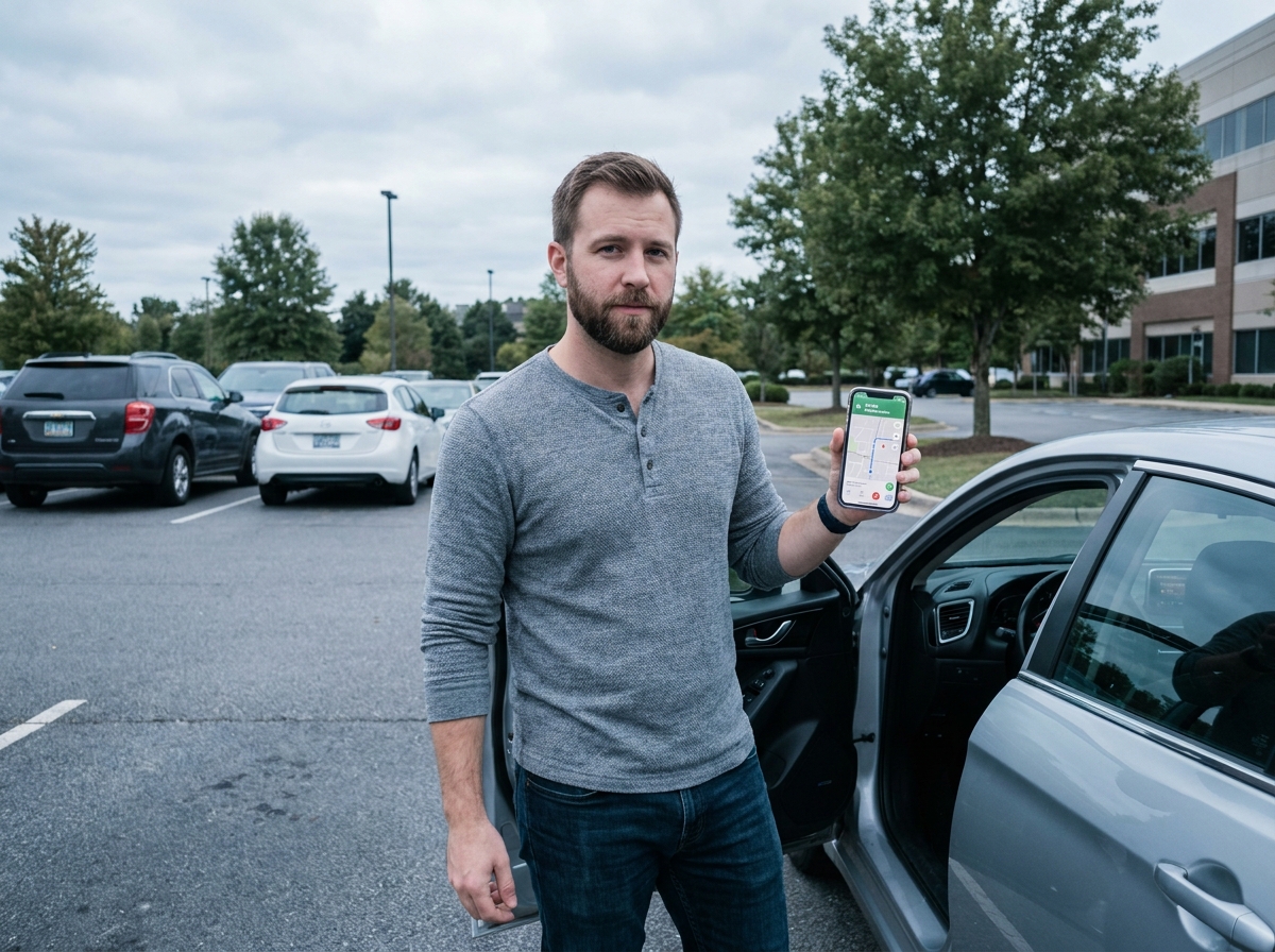Homme debout près de sa voiture utilisant une application GPS sur smartphone avant de prendre la route