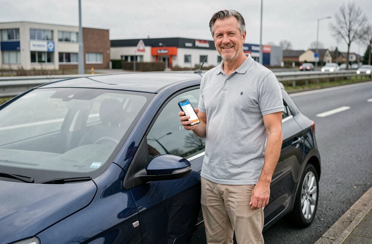 Homme d'âge mûr consultant une application de location longue durée sur smartphone à côté d'une voiture sans permis bleue
