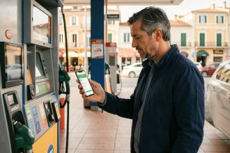 Homme consultant une application de comparaison de prix d'essence sur son smartphone à une station-service de Marseille