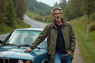 Homme devant une BMW des années 90 en campagne