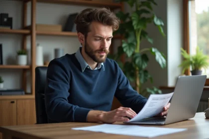 Homme concentré examinant un document Renault Clio dans un bureau