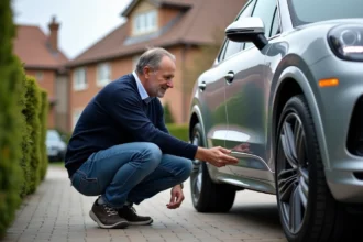 Homme examinant une Porsche Cayenne S Magnum devant sa maison