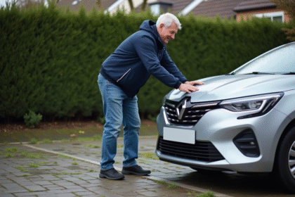 Homme en veste bleue changeant sa plaque d'immatriculation