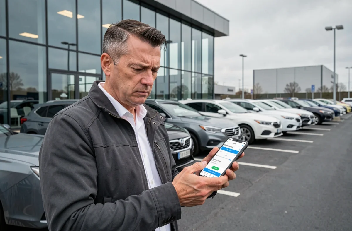 Homme lisant des avis sur une assurance auto sur son smartphone dans un parking de concession automobile