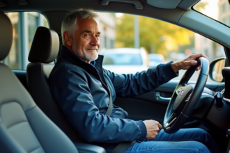 Homme en windbreaker attachant sa ceinture dans une voiture moderne