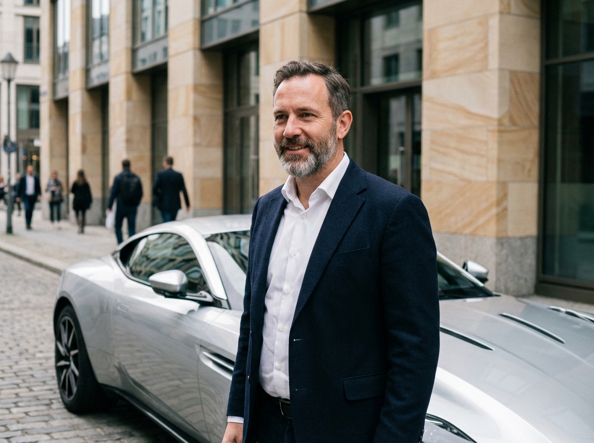 Homme confiant près d'une voiture de luxe en ville