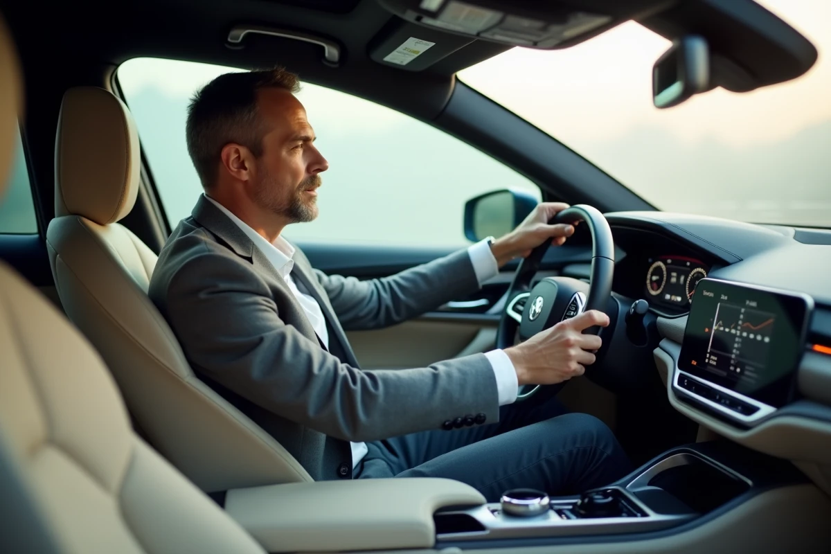 Homme d'âge moyen dans une voiture moderne et élégante