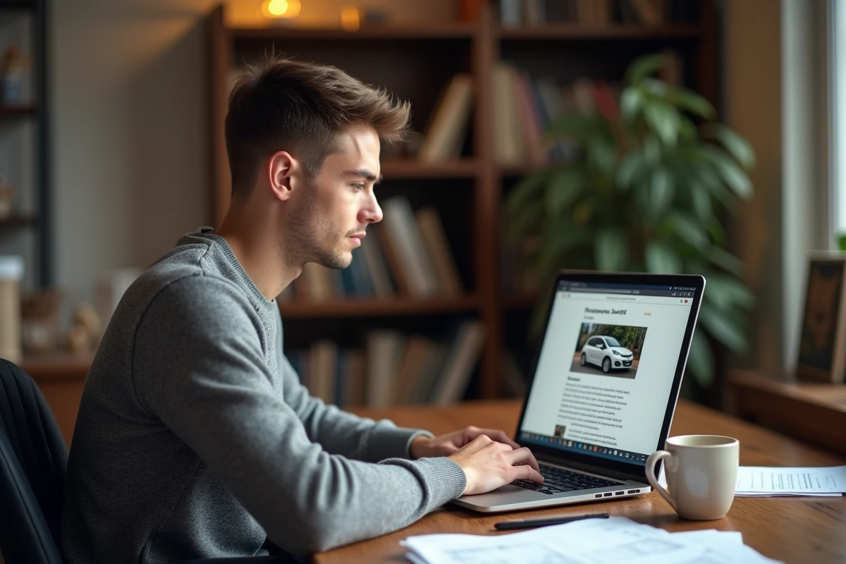 Un homme consultant un article Wikipedia sur la Peugeot 208 depuis un ordinateur portable dans un bureau à domicile