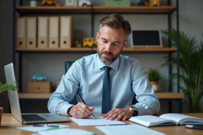 Homme d'âge moyen remplissant un contrat d'assurance à son bureau