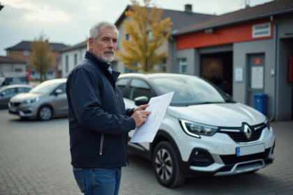 Homme d'âge moyen avec document de contrôle automobile devant une voiture
