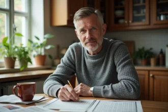 Homme d'âge moyen avec puzzle de croix dans une cuisine chaleureuse
