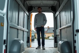 Homme debout confortablement dans un Renault Master L2H2 montrant la hauteur intérieure suffisante pour se tenir droit
